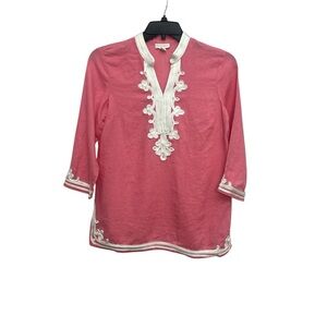 Charter Club Linen Embroidered Appliqué Tunic Size Medium Pink 3/4 Sleeve